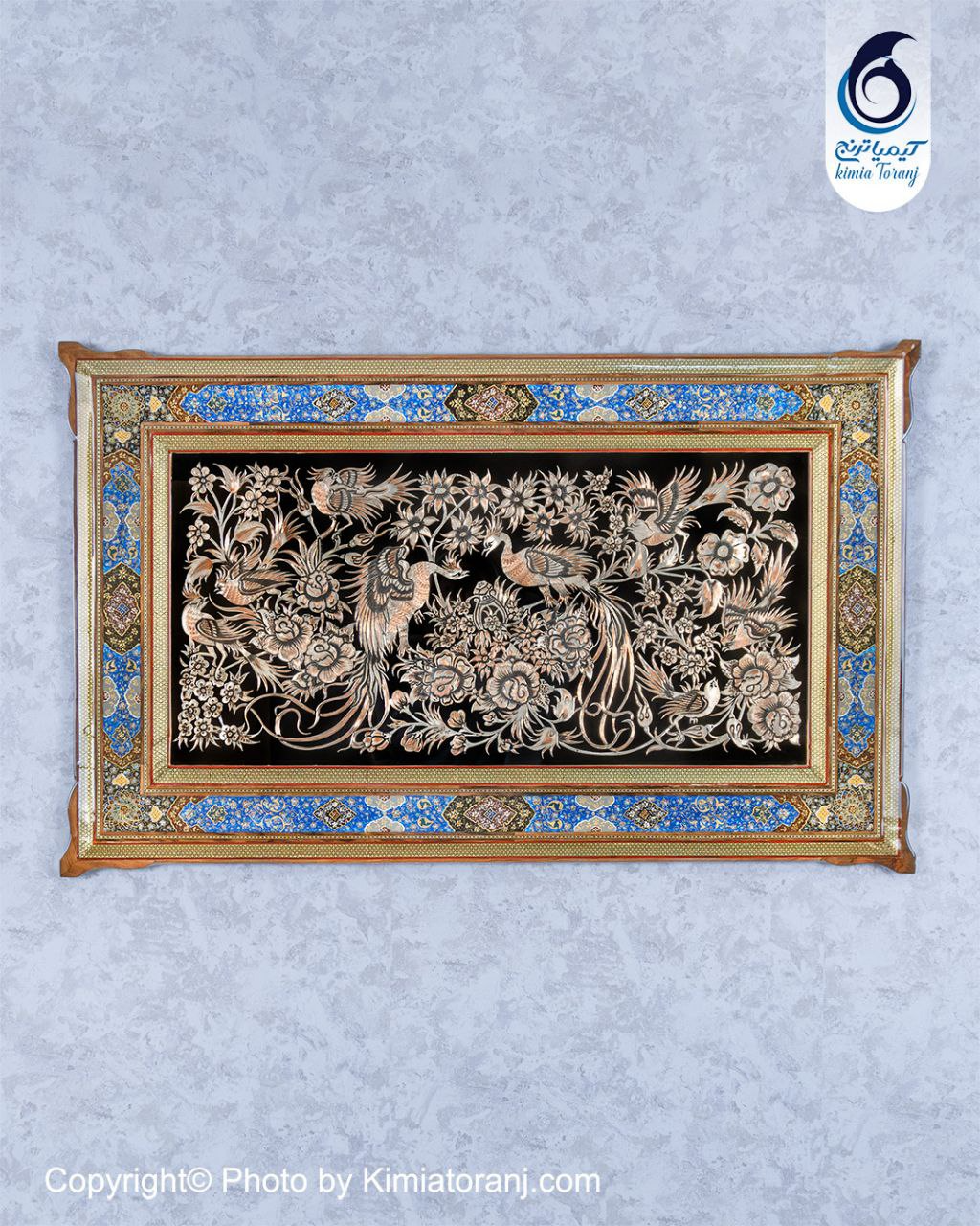 تابلو خاتم و تذهیب با پلاک قلمزنی گل و مرغ