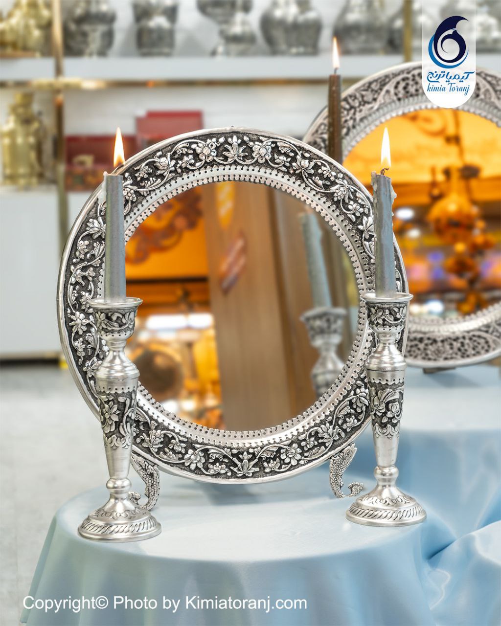 آینه شمعدان گرد 36 شبه نقره قلم گل برجسته
