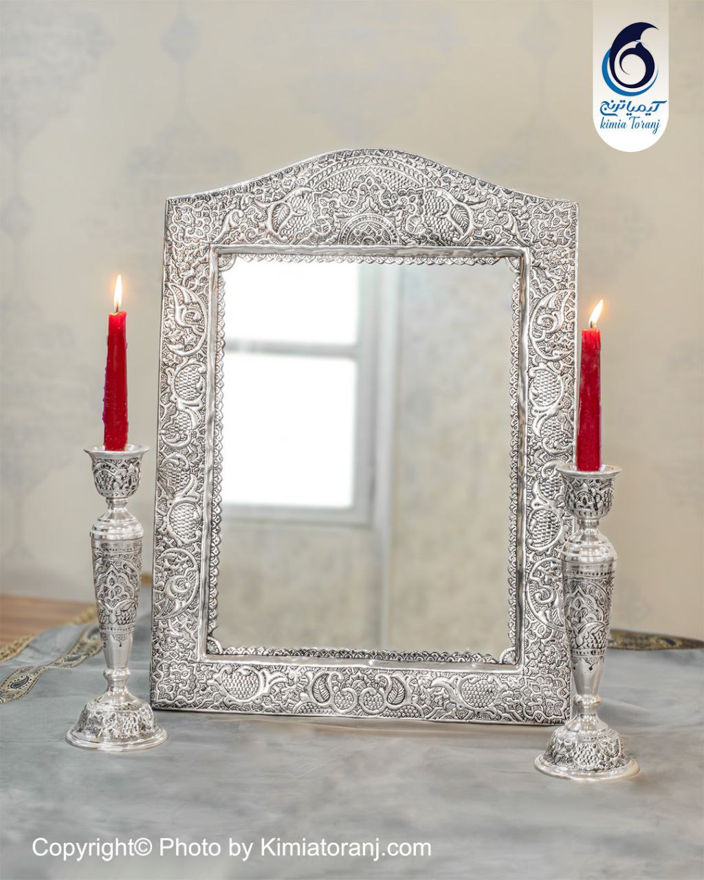 آینه شمعدان چهارگوش تاجدار 52 شبه نقره قلم اسلیمی