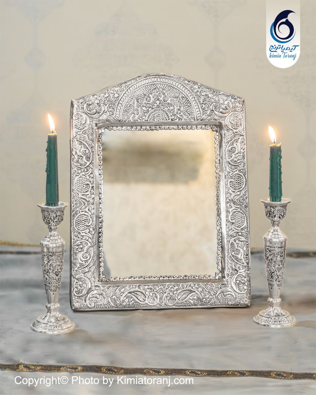 آینه شمعدان چهارگوش تاجدار 43 شبه نقره قلم اسلیمی