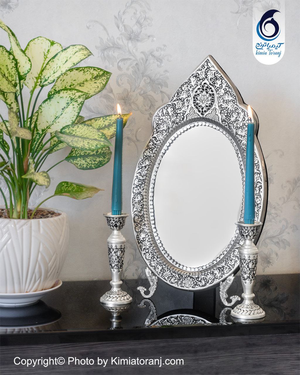 آینه شمعدان بیضی تاجدار 46 شبه نقره قلم گل و مرغ