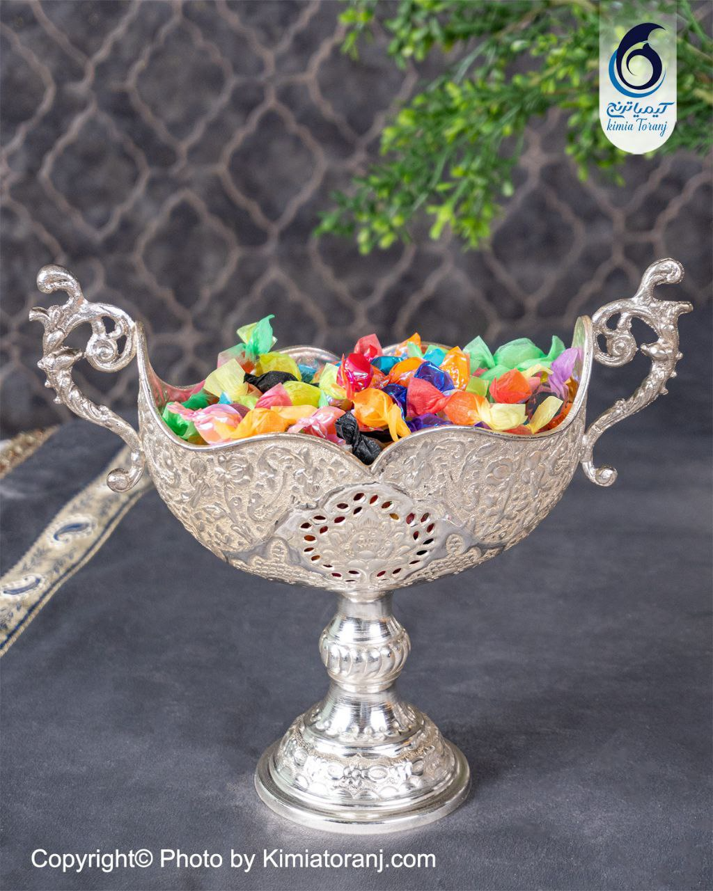 کشکول شبه نقره تک پایه دسته دار قلم گل و مرغ