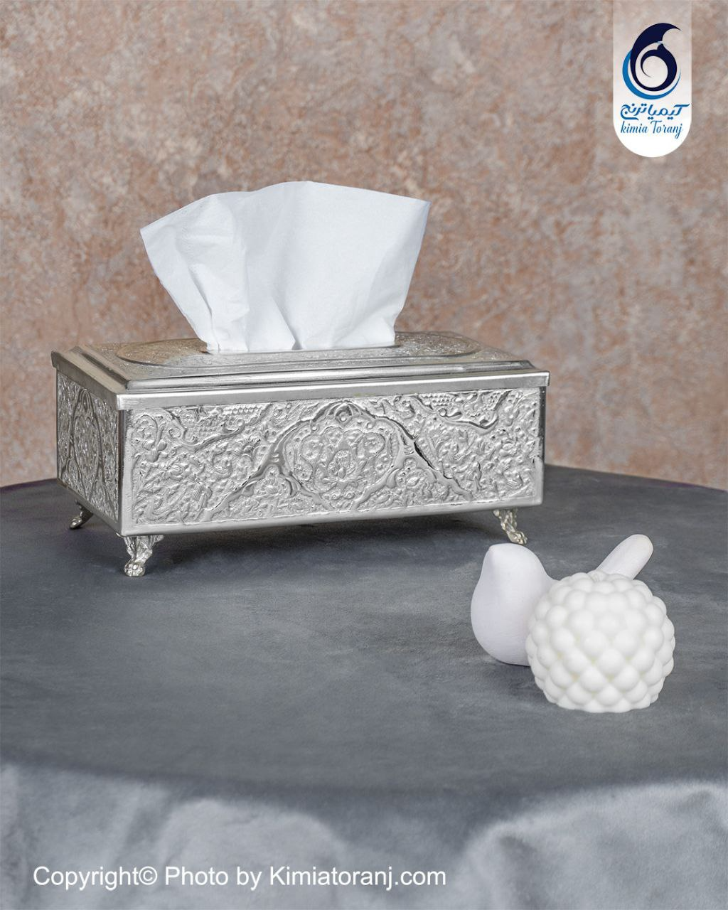 جا دستمال شبه نقره قلم گل و مرغ