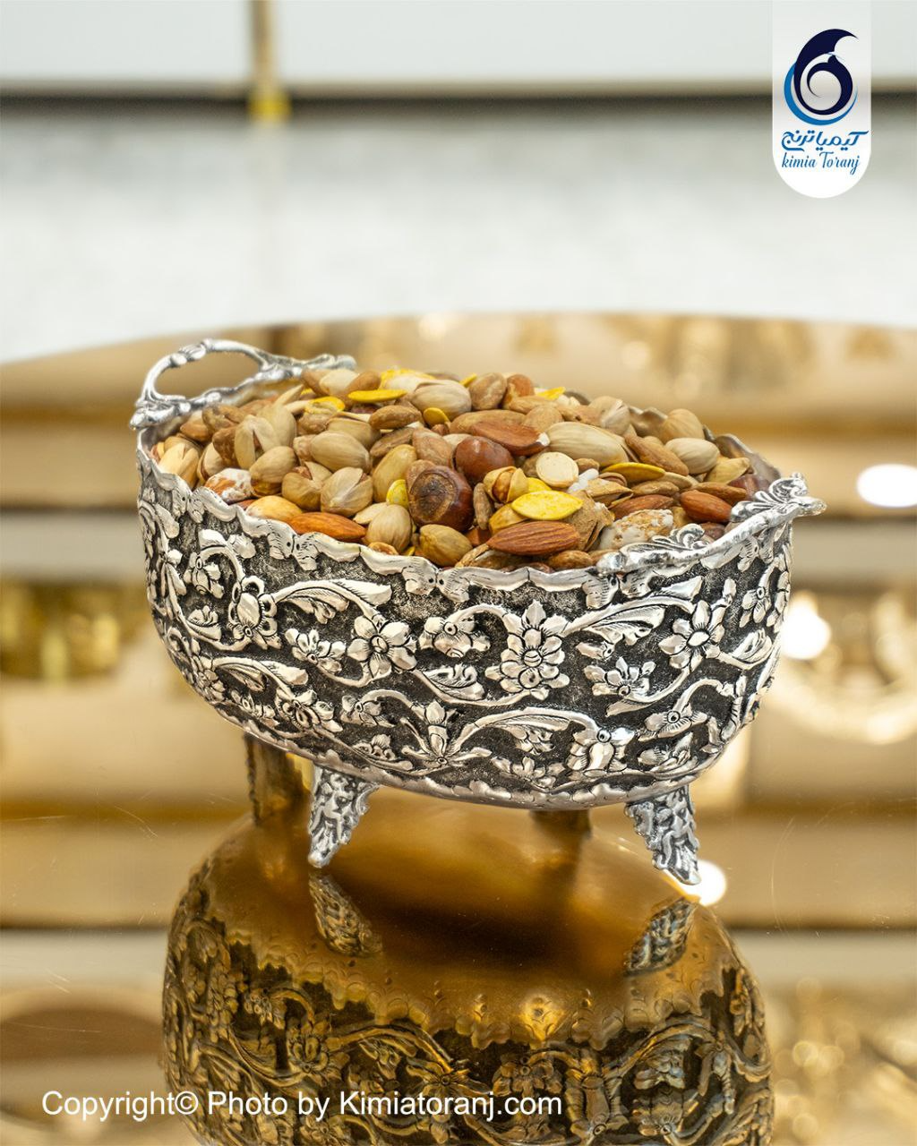 آجیل خوری شبه نقره دسته دار قلم گل برجسته