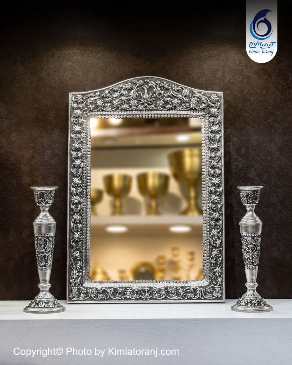 آینه شمعدان عروس چهارگوش 52 شبه نقره قلم گل برجسته