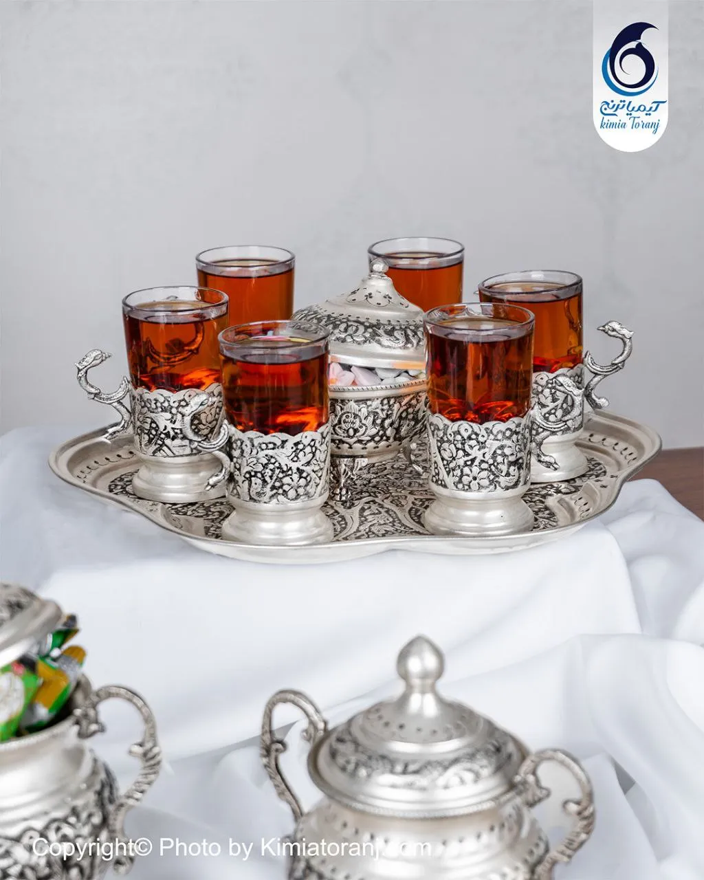 ست چایخوری 6 نفره شبه نقره قلم گل و مرغ