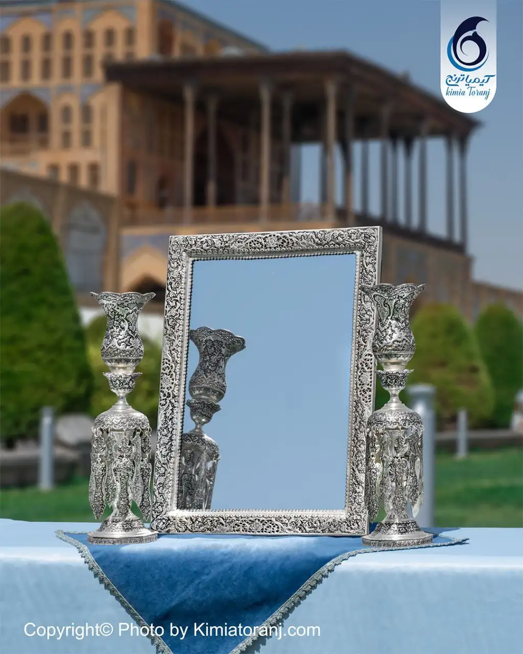 آینه شمعدان عروس چهارگوش 53 شبه نقره قلم گل و مرغ