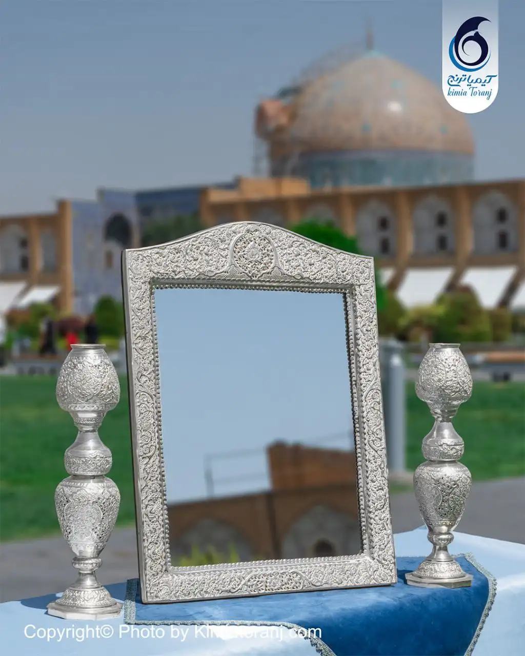 آینه شمعدان عروس چهارگوش تاجدار 63 شبه نقره قلم گل و مرغ