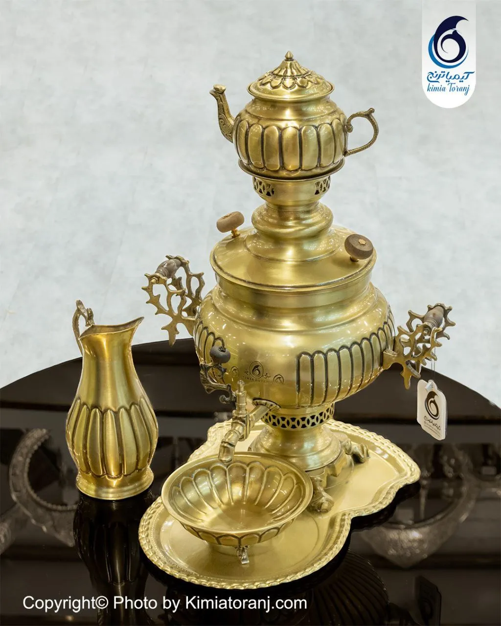 سرویس سماور ذغالی 6 لیتری عدسی خطی برنجی ضخیم