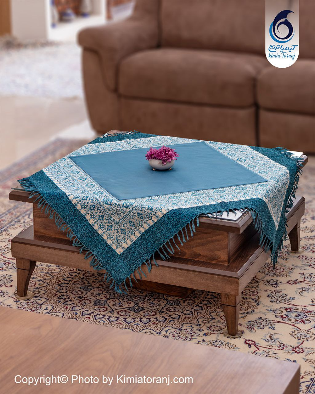 پارچه مخمل قلم کار آبی لاجورد حاشیه سنتی