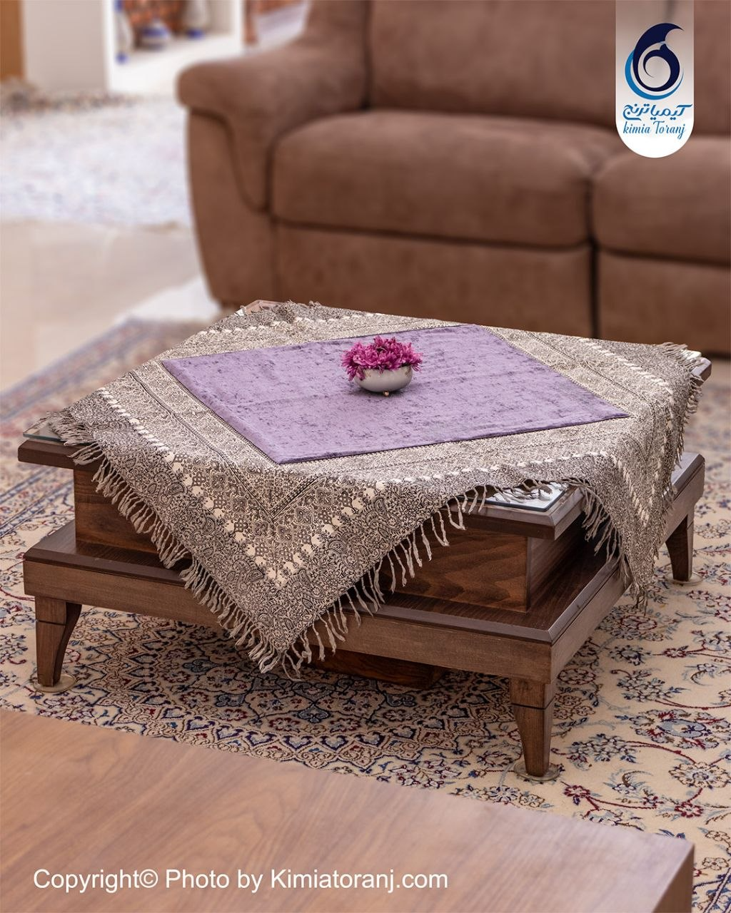 پارچه مخمل قلم کار یاسی  حاشیه سنتی