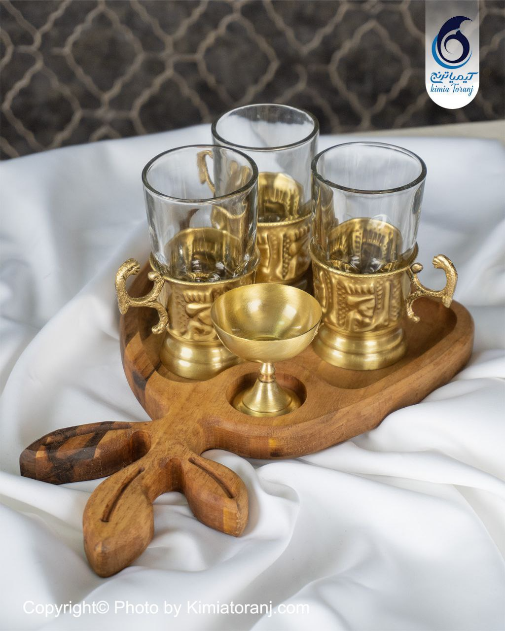 ست چایخوری برگی 3 نفره چوبی و  برنجی قلمزنی