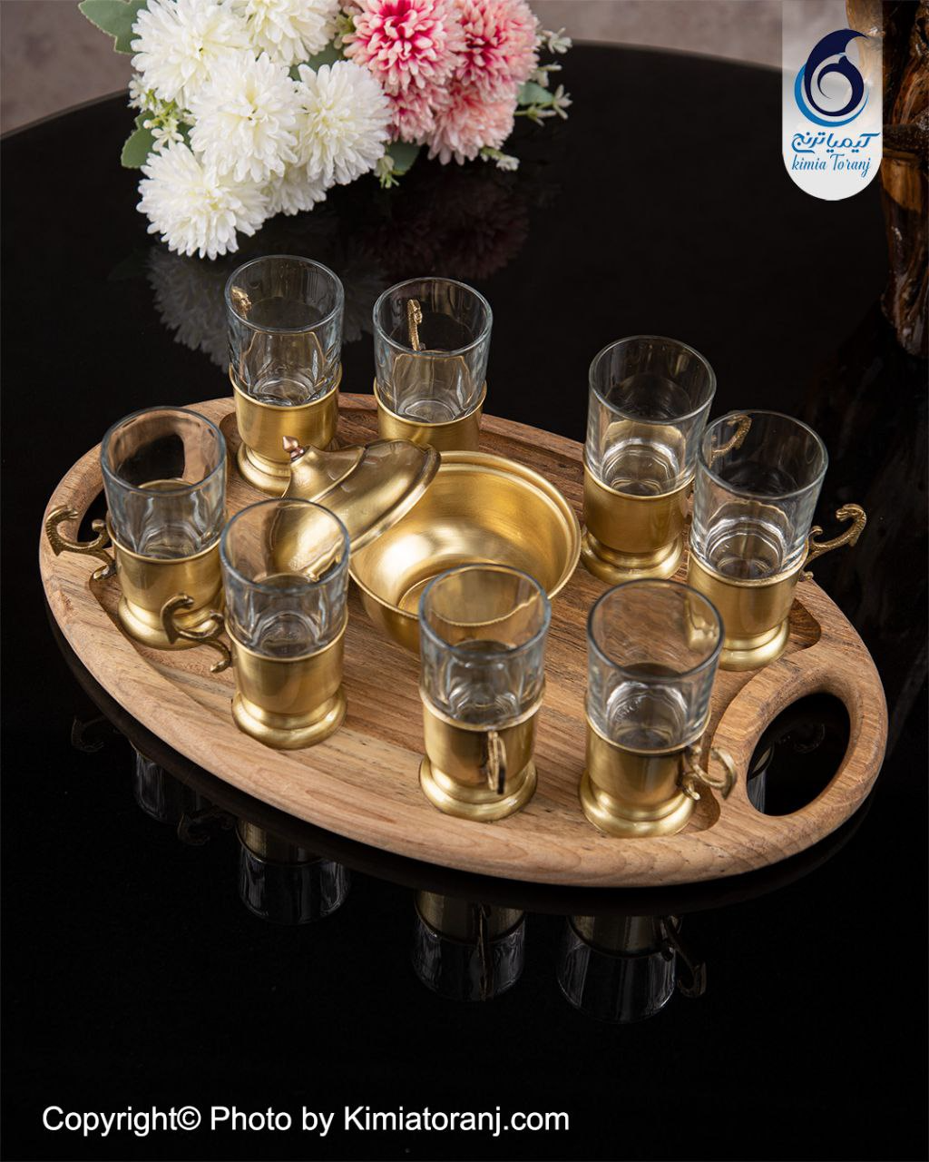 ست چایخوری 8 نفره چوبی و  برنجی ساده