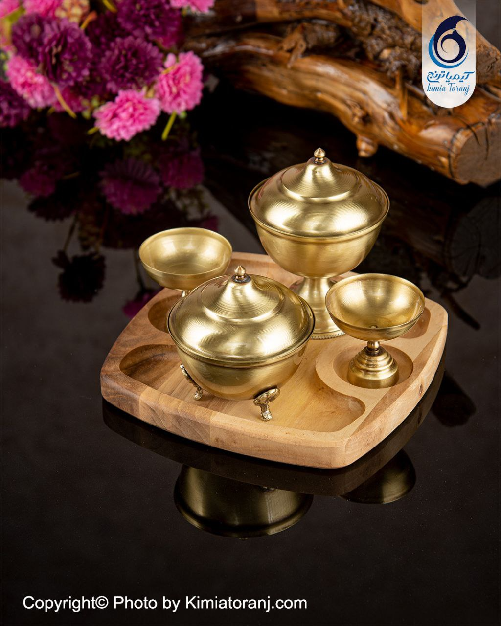 ست قندان چوبی و  برنجی ساده