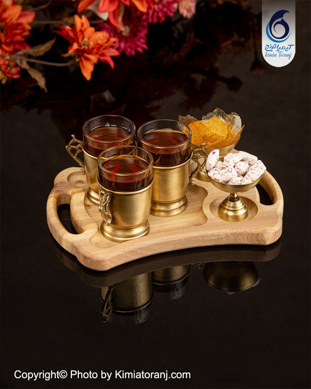 ست چایخوری 3 نفره چوبی و  برنجی ساده