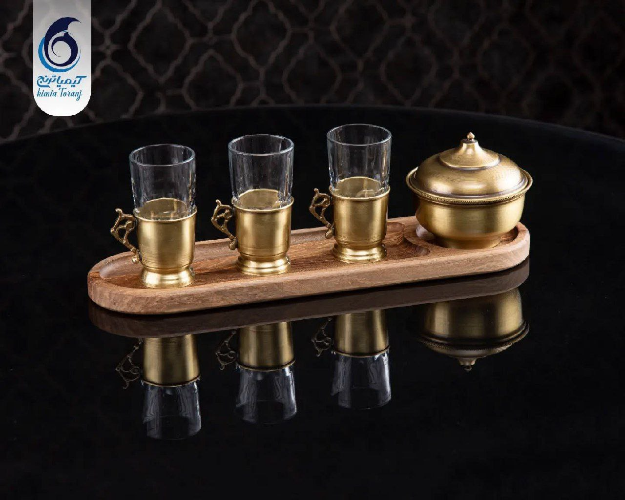 ست چایخوری 3 نفره چوبی و  برنجی ساده