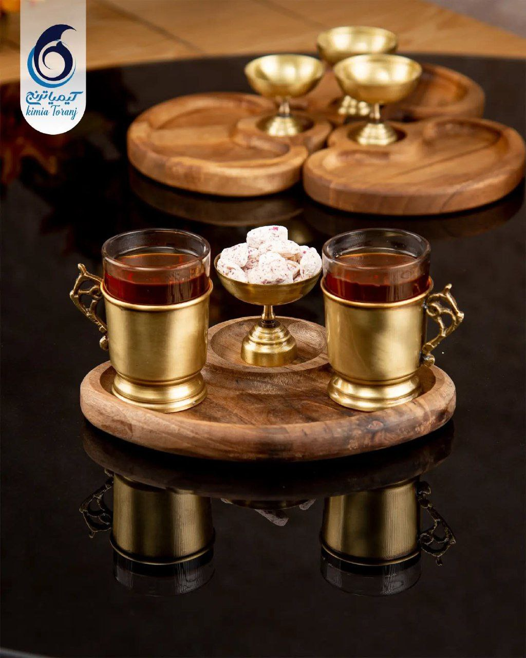 ست چایخوری 2 نفره چوبی و  برنجی ساده