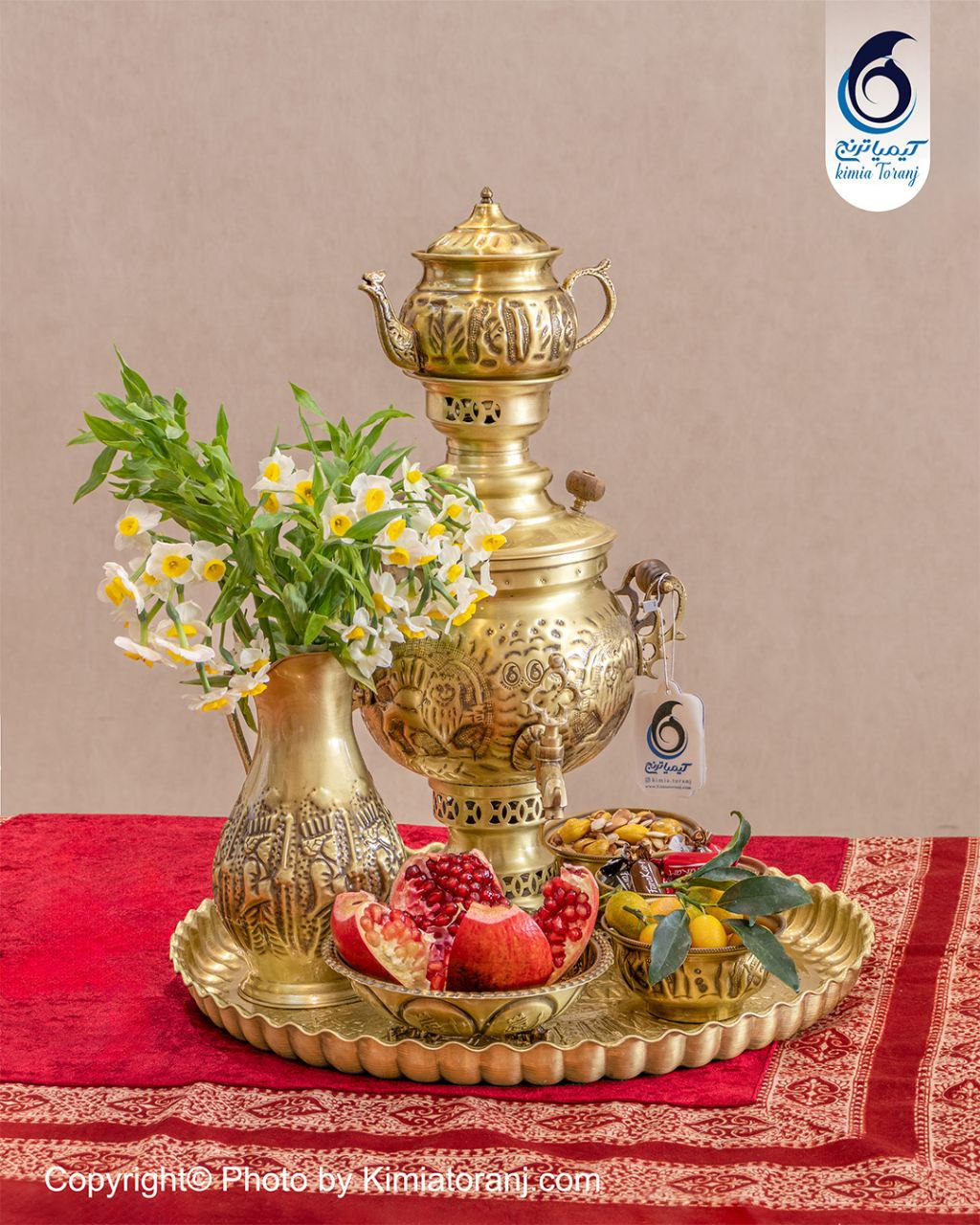 سرویس سماور ذغالی ۳ لیتری توپی قلمزنی برنجی ضخیم