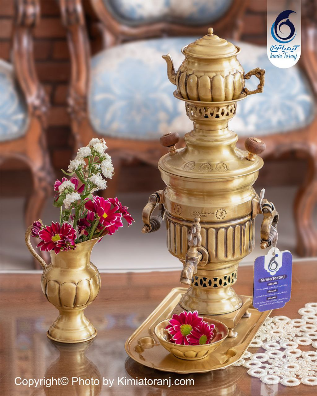 سماور ذغالی 1 لیتری استوانه خطی برنجی ضخیم